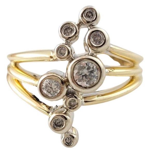 10k yellow & white two tone gold diamond bubble bypass ring 6.5 - Picture 3 of 8